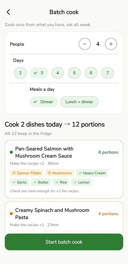 Batch cook screen