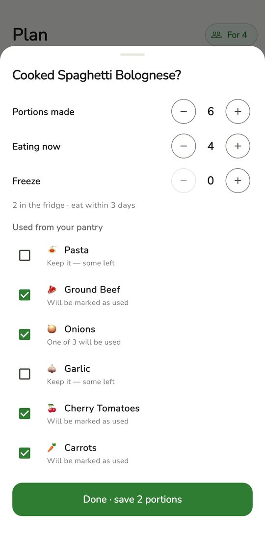 The Cooked it sheet asking how many portions were made.