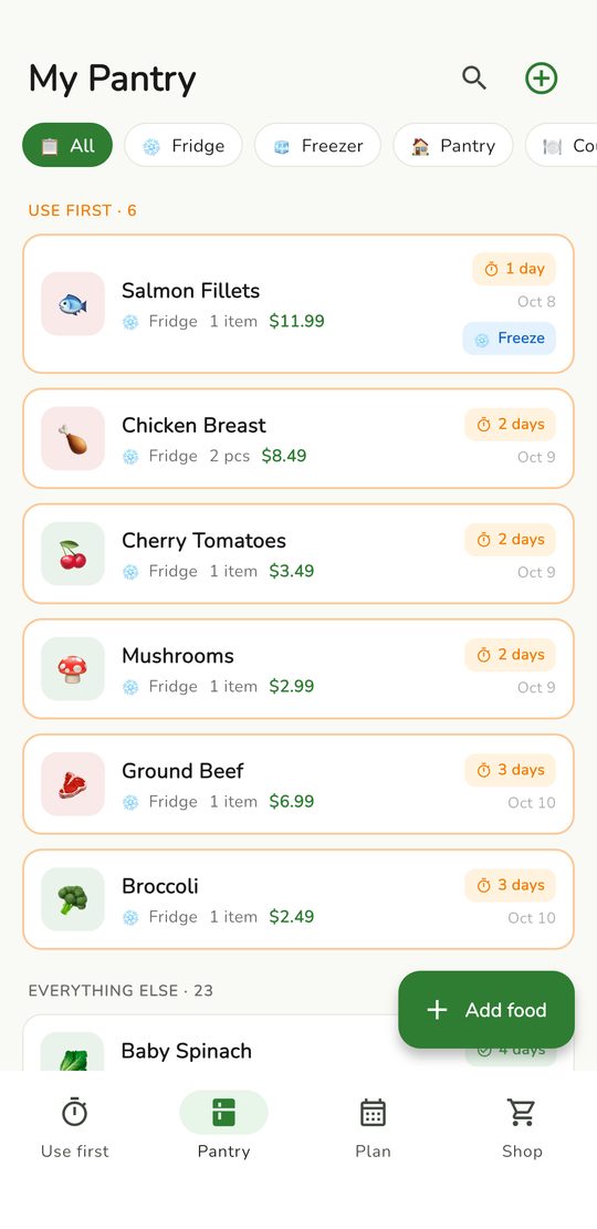 Pantry list screen