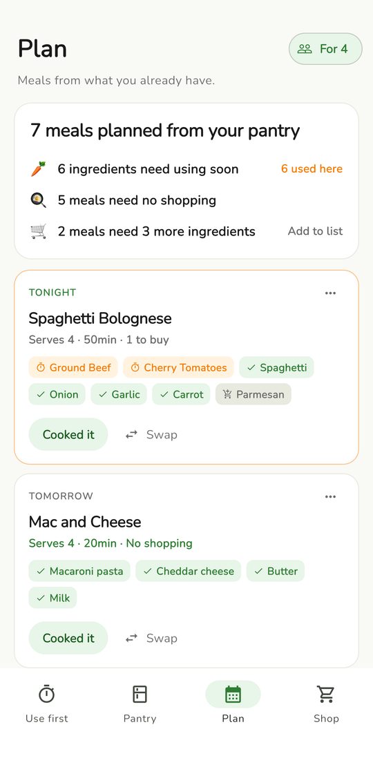 Meal plan screen